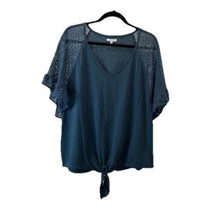 Maurices Blue Wide Crochet Eyelet Sleeve Knot Tie Waist Top Womens Size XXL